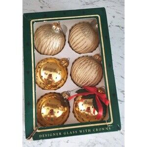 Vintage Christmas Ornaments Set/6 Gold Glitter Confetti Victorian Large Round